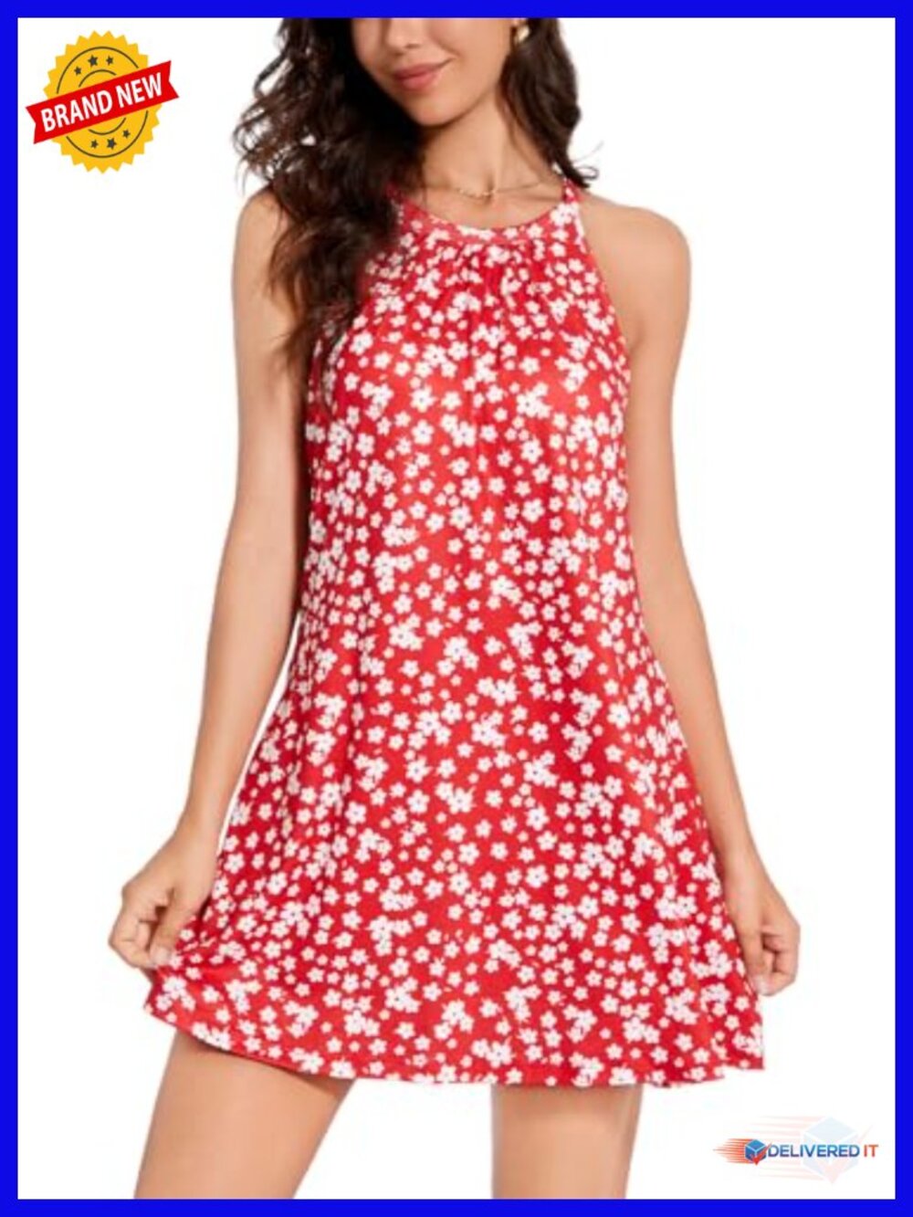 Flowy Halter Mini Dress with Built in Bra Casual Beach Sundress